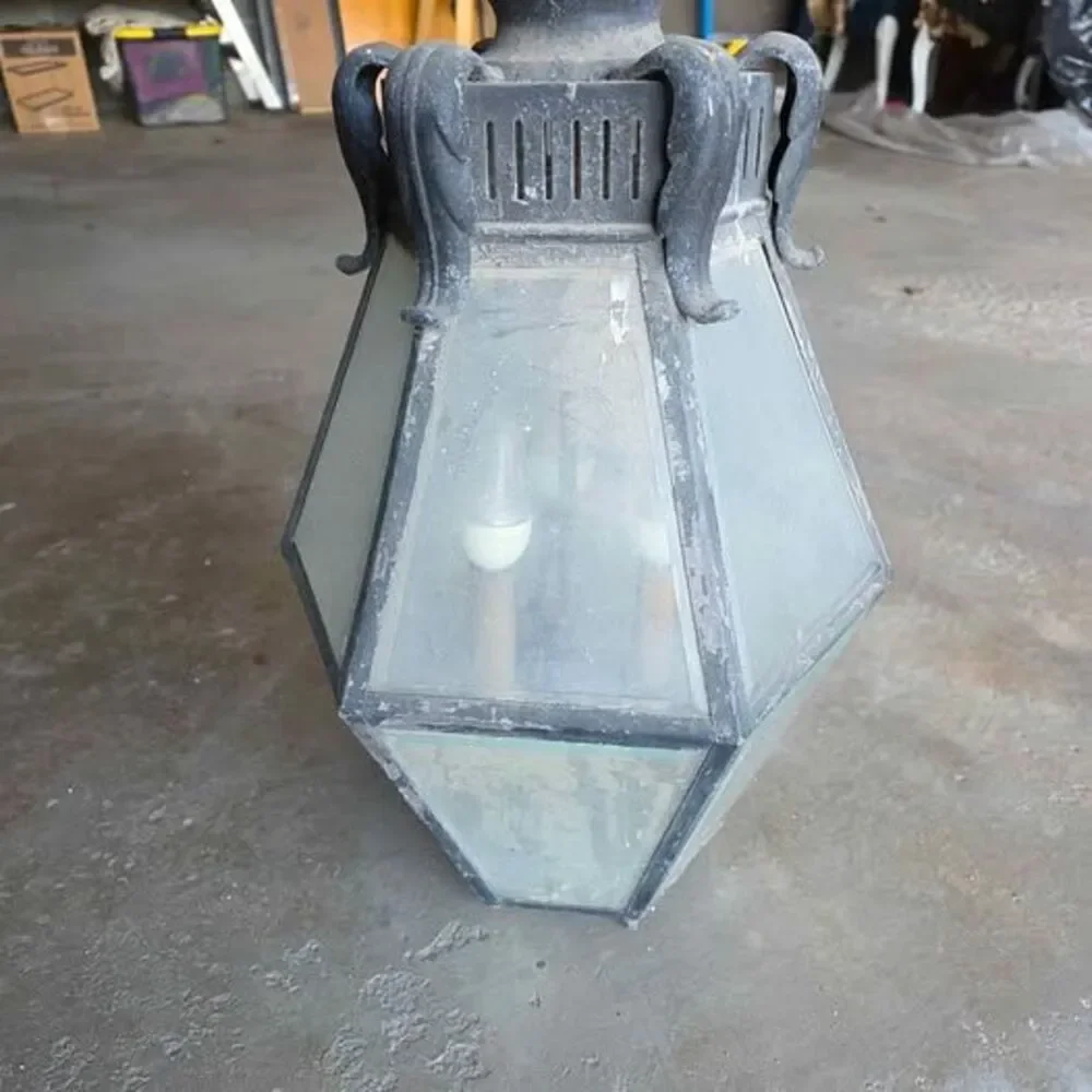 Vintage Gothic Revival Hanging Porch Lantern Large Tudor Cast Metal Entryway